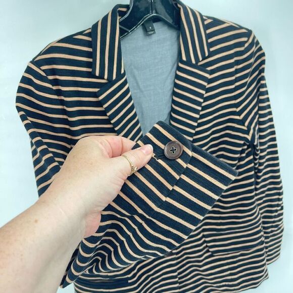 J Crew Womens Blazer Jacket Striped Pocket Cotton Stretch Navy Blue tan Small - Picture 3 of 10